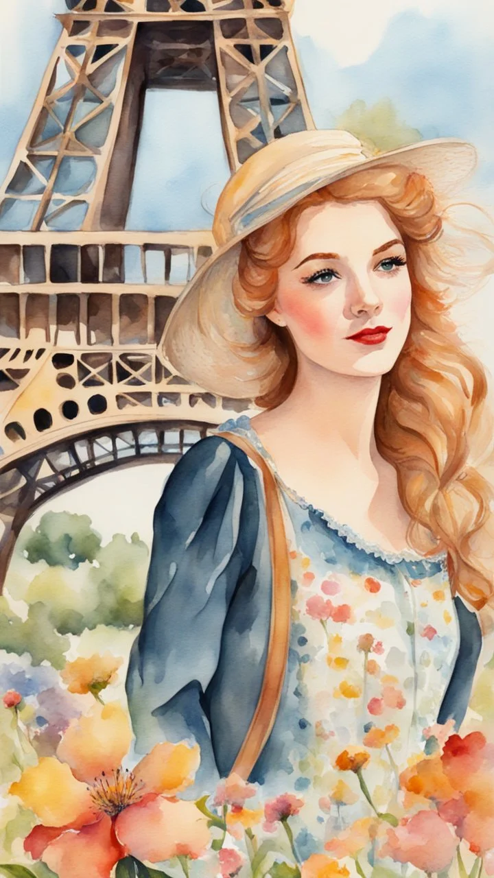 Anne Shirley, summer, pretty face, beautiful flowers, Eiffel Tower in the background, flowers, colorful, watercolor, watercolor painting, beautiful painting, watercolor detailed art, post card