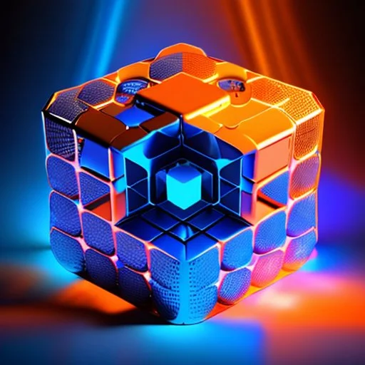 a blue metallic 4d cube inside a 4d orange rotating cube in a 4 dimension environment