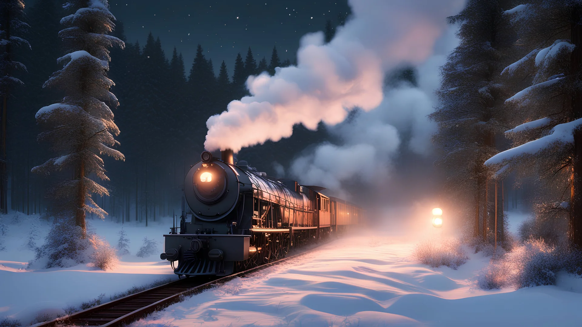steam train snow in a snowy fir forest,midnight hour,fireflies,lakeside,8k, volumetric lighting, Dramatic scene,