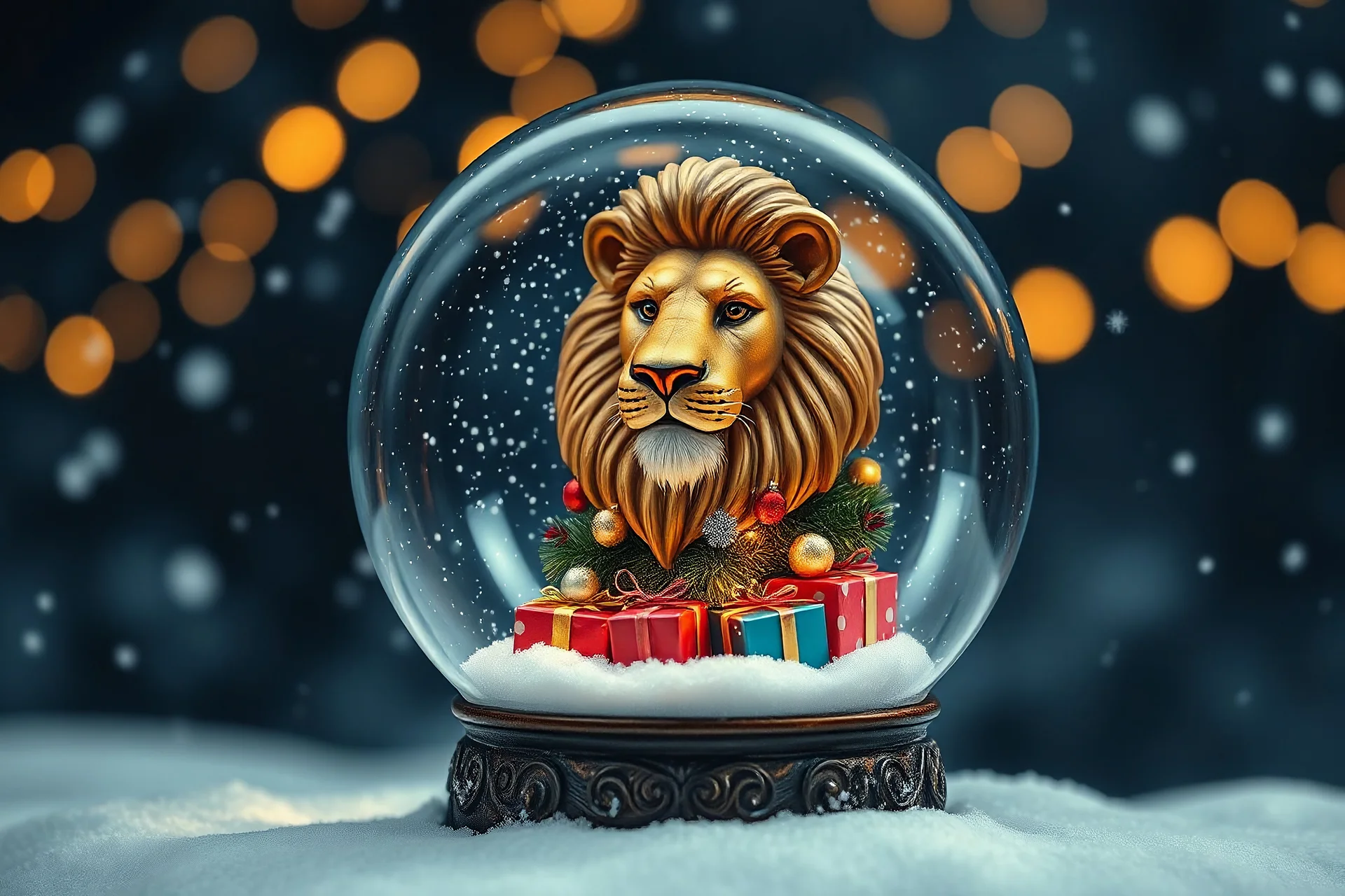 a classic Christmas snow globe featuring a decorated Christmas tree surrounded by glowing presents. Soft snow falls inside the globe, and warm golden lights twinkle against the dark winter sky. portrait of a lion head