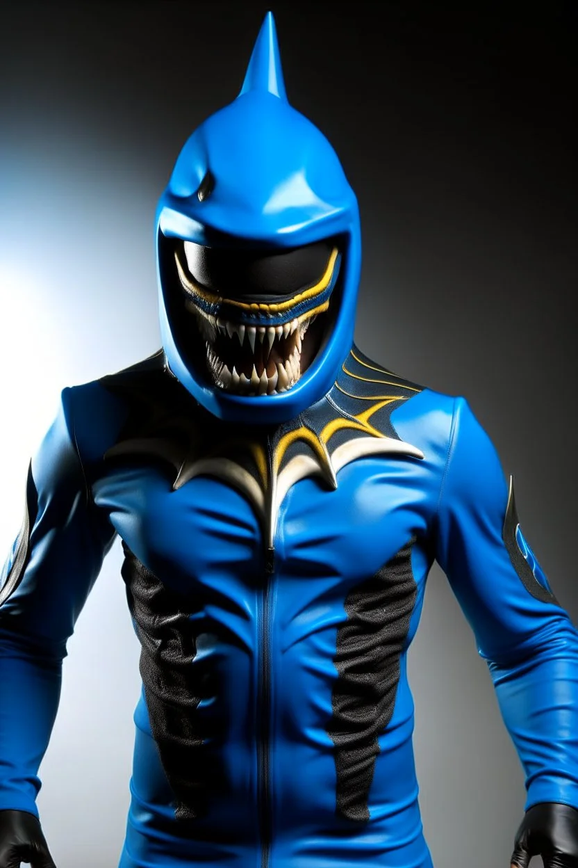 Surfsharks superhero costume combines a black, form-fitting bodysuit with a deep ocean-blue wetsuit-style jacket, featuring shark fin-like shoulder embellishments. White shark tooth designs adorn the arms and legs. His cowl resembles a shark's head, with a dark visor revealing his piercing brown eyes, there is a shark fin ontop of his helmet and on his back. The chest emblem is a stylized shark with dorsal fins reminiscent of Batman's bat symbol