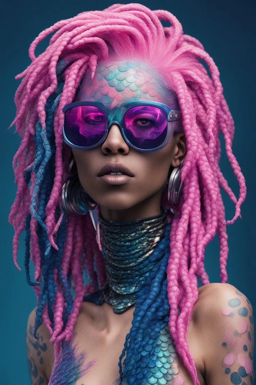 entire body mermaid cyberpunk some fish scales on face pink and indigo hair dreadlock sunglasses