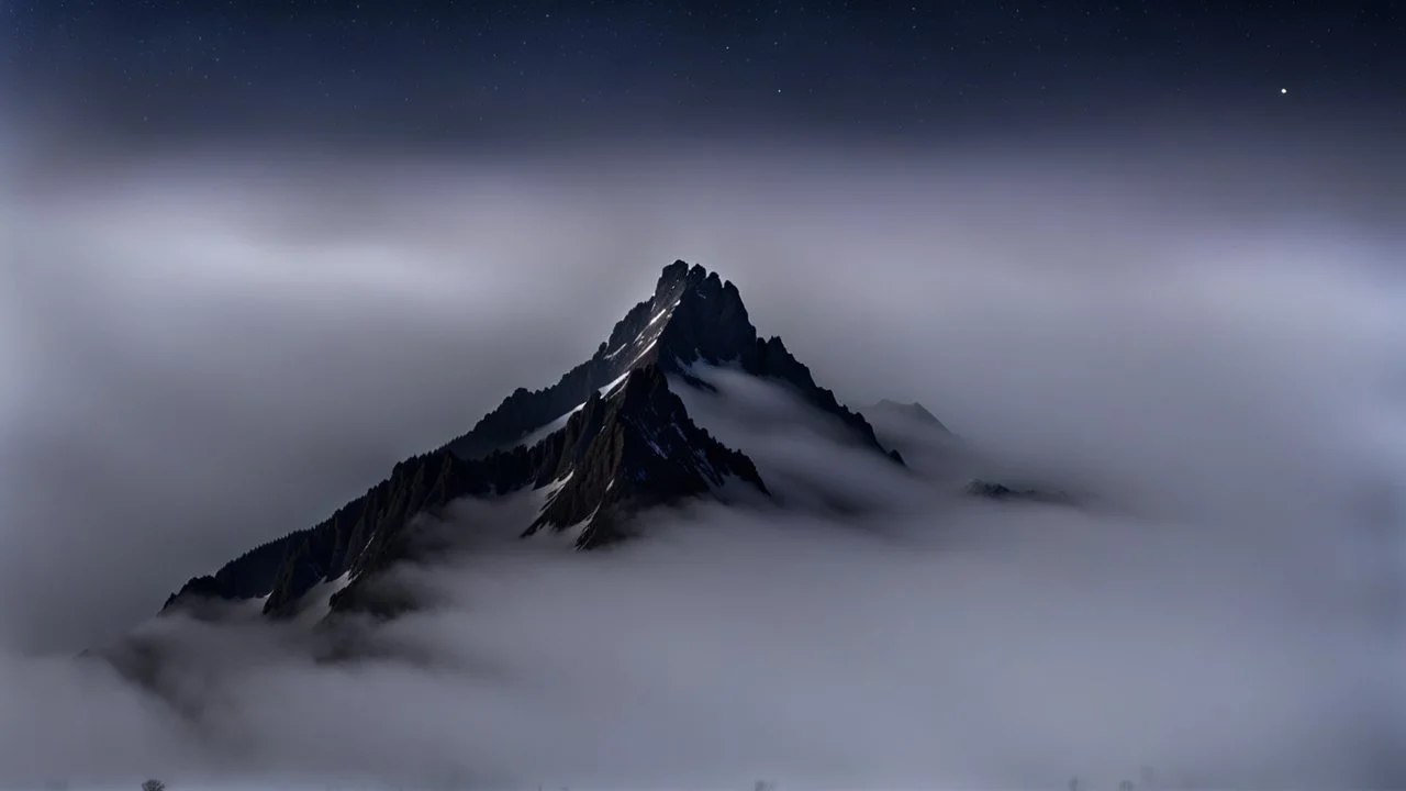 looking down at misty foreground and night sky background, no sun, single sharp narrow mountain peak coming through the mist in the center