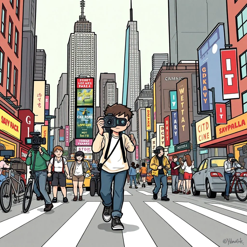 pop art pixels 1000 images youtuber with cameras attached walking thrigh crazy city cartoon