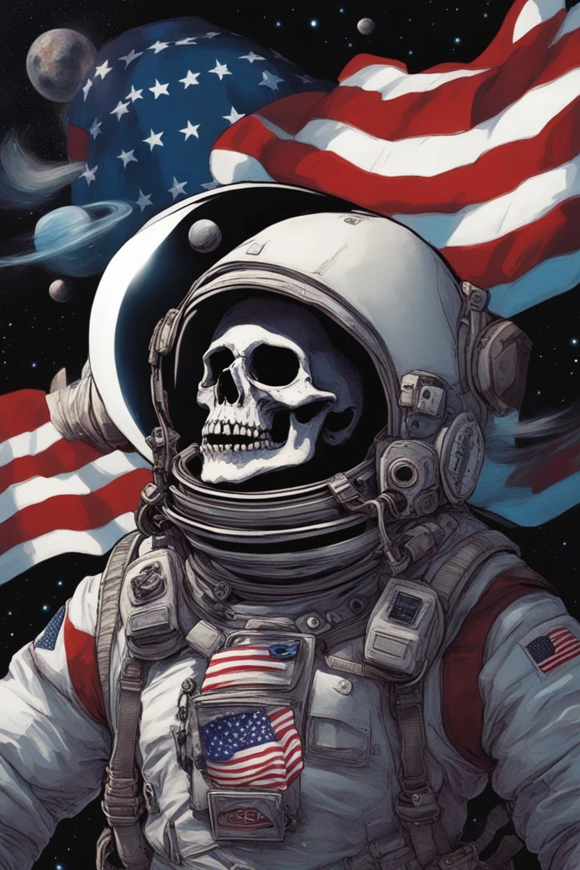 A close up of a skeleton face looking shocked, in an astronaut helmet and suit floating in space. inside the hollow eyes are red shining lights, scary. On his suit is an American flag and in his one hand is a small wavering American flag, on it is written "boned in the USA". From the back of his suit is blowing out blue, white and red smoke. Realistic, 8k, highly detailed, funny