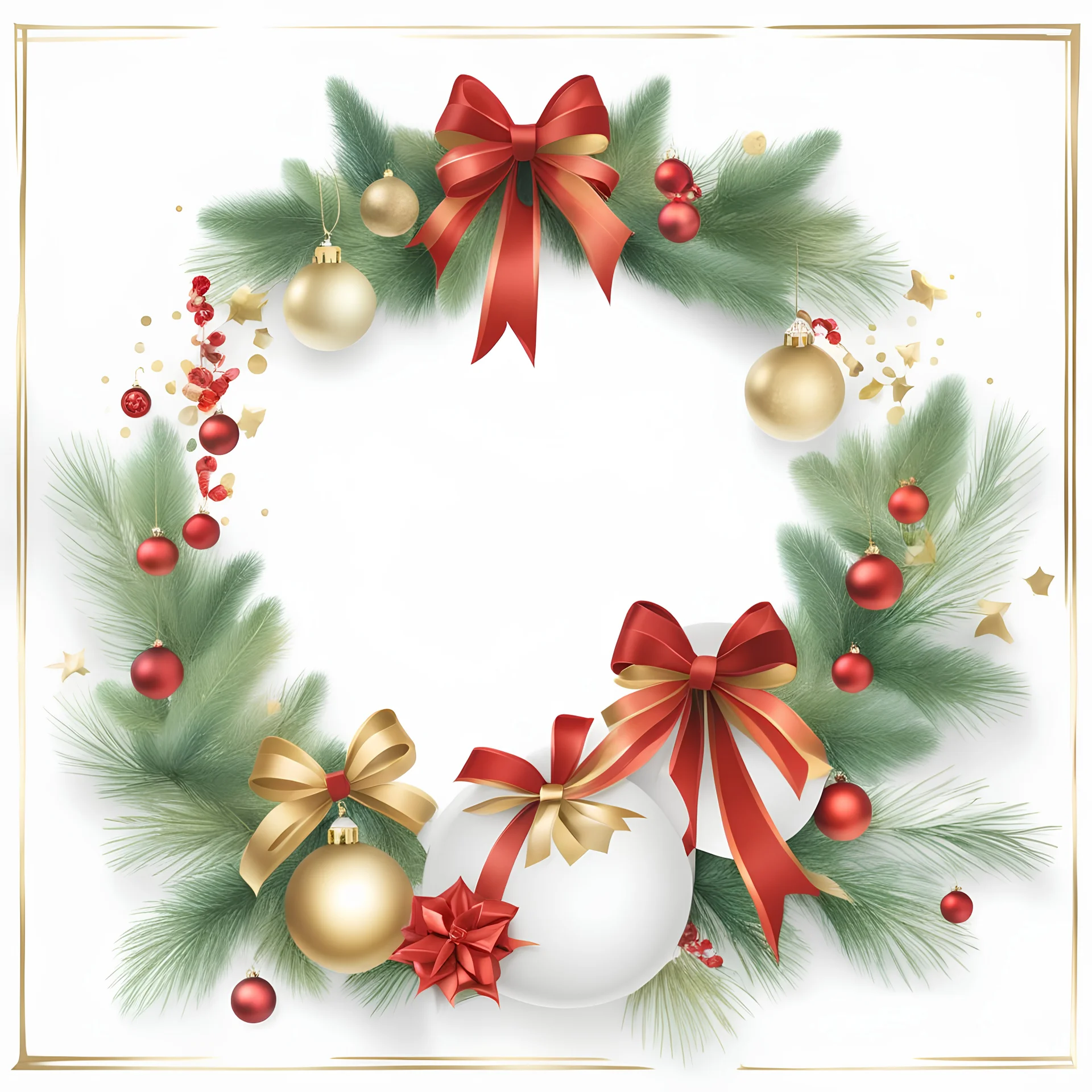 Christmas minimal background, with scattered bells, wreaths, ribbons, presents and ornaments around the frame of the image, gold, red and green tones, style is like watercolor painting, white background