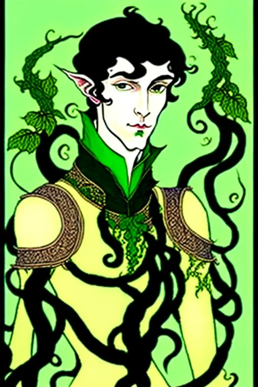 young half-Elf nobleman with green thumbs and 2 vine-like tentacles with black hair and green eyes and green thumbs with claws in the style of Aubrey Beardsley