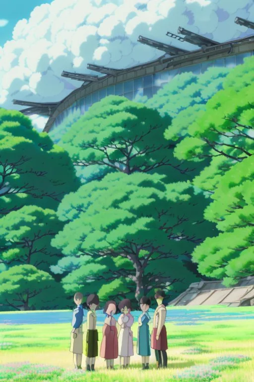 "An inspiring final shot of the revitalized biodome, where the once blighted trees now tower, flourishing and radiant. Yui, Toshi, and a group of Oxygen Farmers stand in the foreground, their faces filled with joy and relief as they look on at their reborn sanctuary.