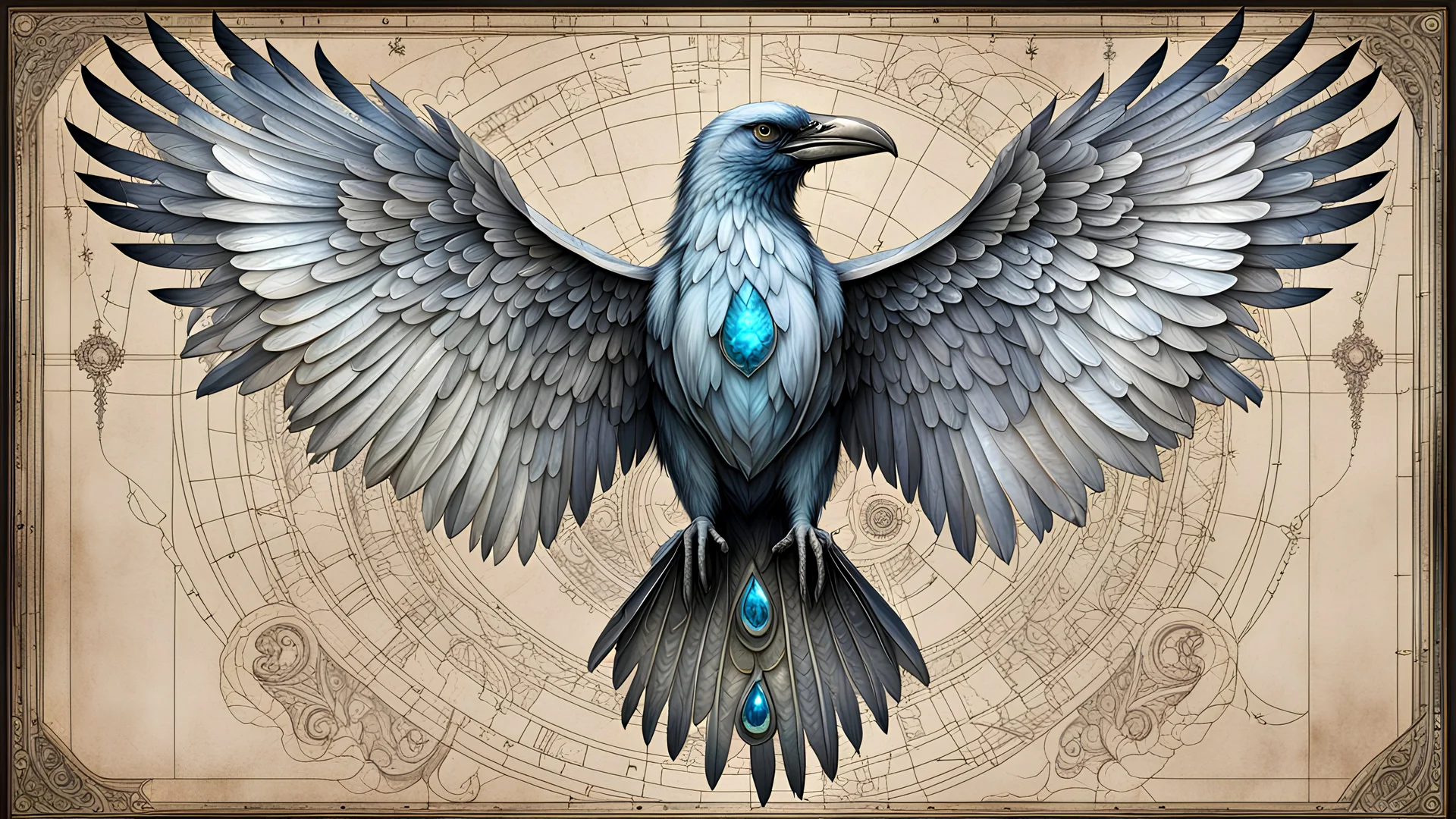 a JEWELED BLUEPRINT of an (white raven:1.5) with (irridescent feathers:1.5) on (weathered parchment:1.5) with smoldering edges, wet, glossy, bold lines, morbid fine arts, macabre arts, dark fine arts, 8k resolution, intricate detail, hyper detailed, dynamic lighting, H.R. Giger, trending on Artstation, epic, deep color, vibrant, beautiful, acrylic, high contrast, ultra detailed, ultra quality