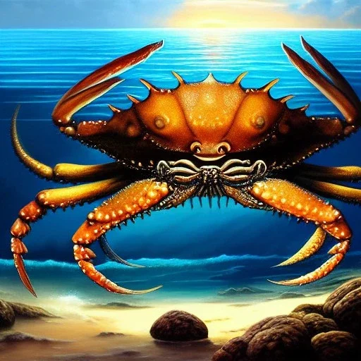 ultra detailed fullbody Drawing of Sea monster Giant Crab on the shore , extremely detailed digital painting, intrincate, extremely detailed face,crystal clear Big eyes, in the style of Frank Frazetta, mystical colors , perfectly centered image, perfect composition, rim light, beautiful lighting, 8k, stunning scene, raytracing