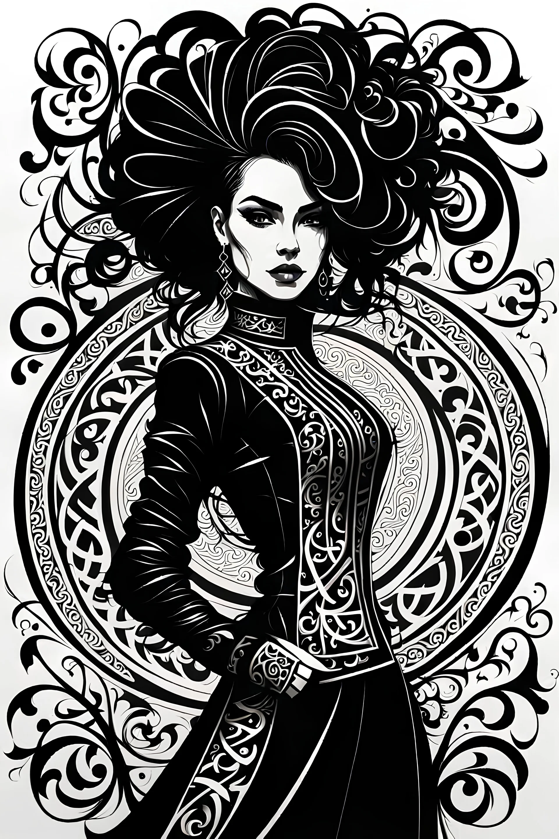 an abstract full body portrait of a goth punk girl from calligraphic letters, flourishes, and swirls , finely drawn and inked, in classic Arabic calligraphy, 4k, hyper detailed in the style of EL SEED