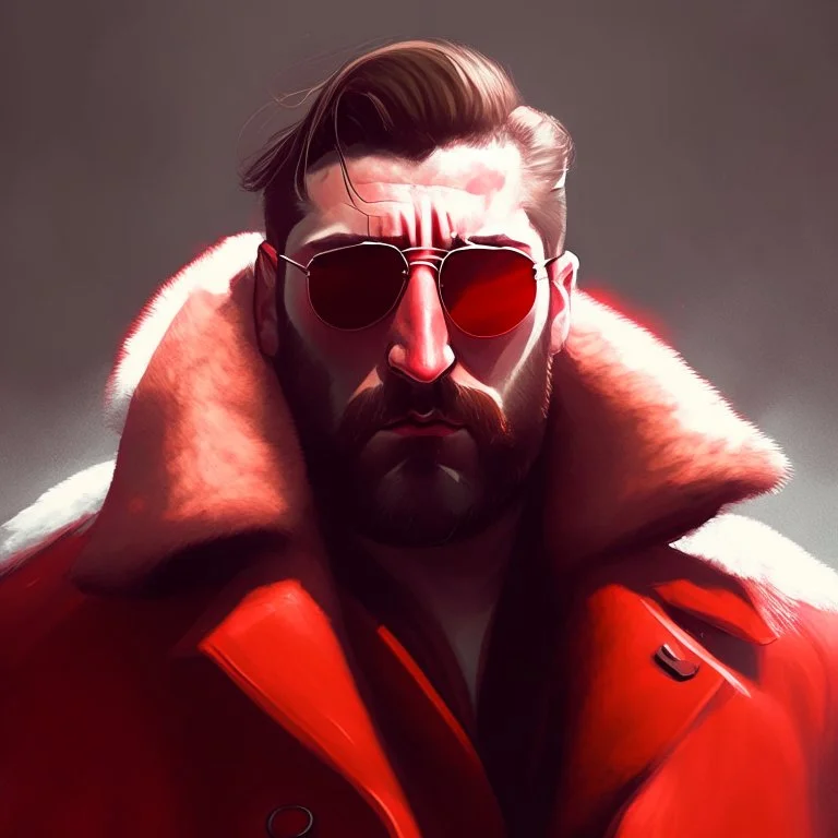 a young man with big muscles who looks like hans gruber wearing a heavy coat and red sunglasses staring with an angry look on his face