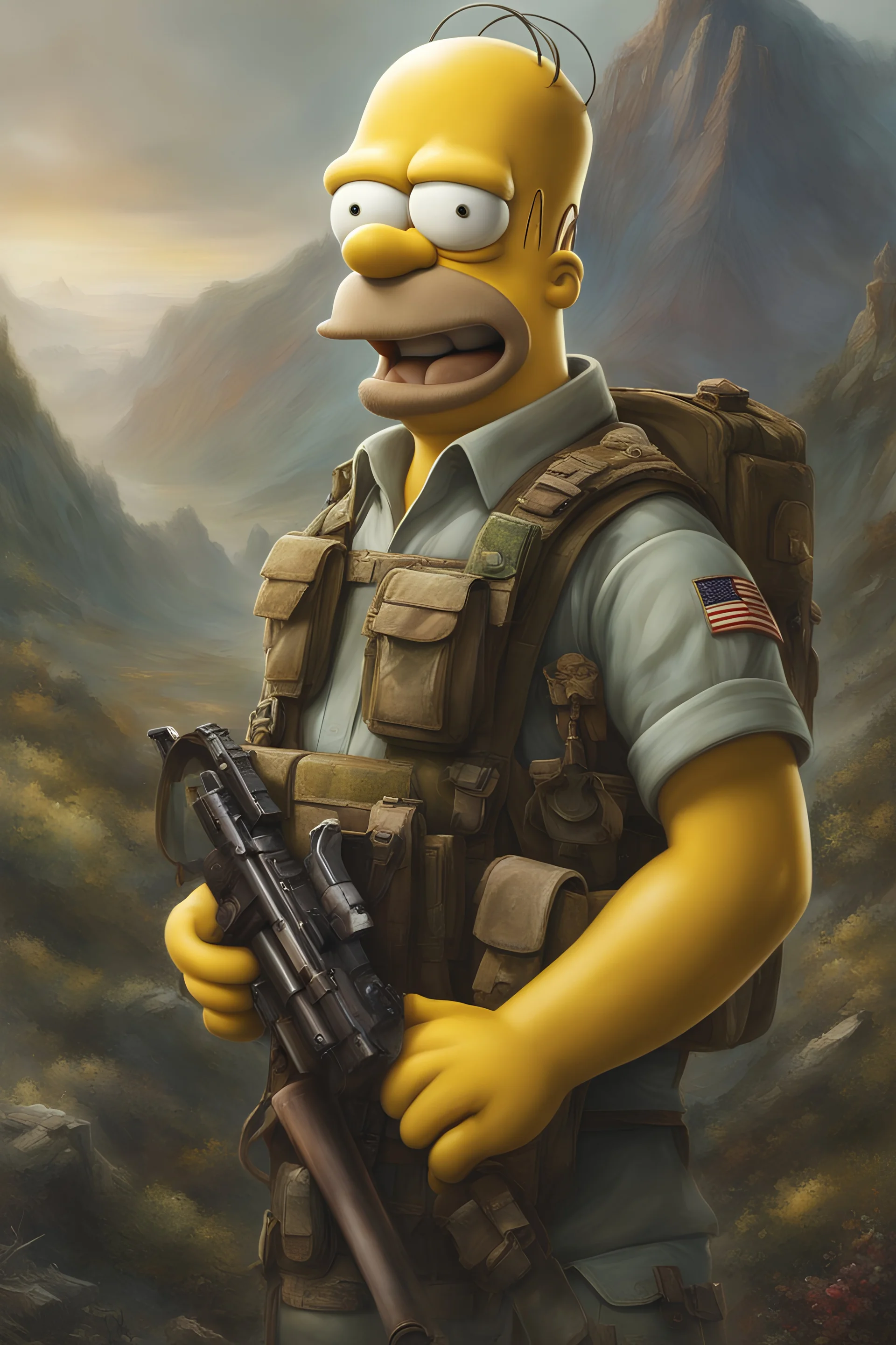 Homer Simpson, Wearing An Army Shirt, Mountain Backdrop, Creepy Smile, Expressive, 1980s, Detailed Face, Oil Painting, Heavy Strokes, By Jean Baptiste Monge, By Karol Bak, By Carne Griffiths, Masterpiece, Unreal Engine 3D; Symbolism, Colourful, Polished, Complex; UHD; D3D; 16K", Full Color Painting, Low Contrast, Soft Cinematic Light, Exposure Blend, Hdr, Front, 8k