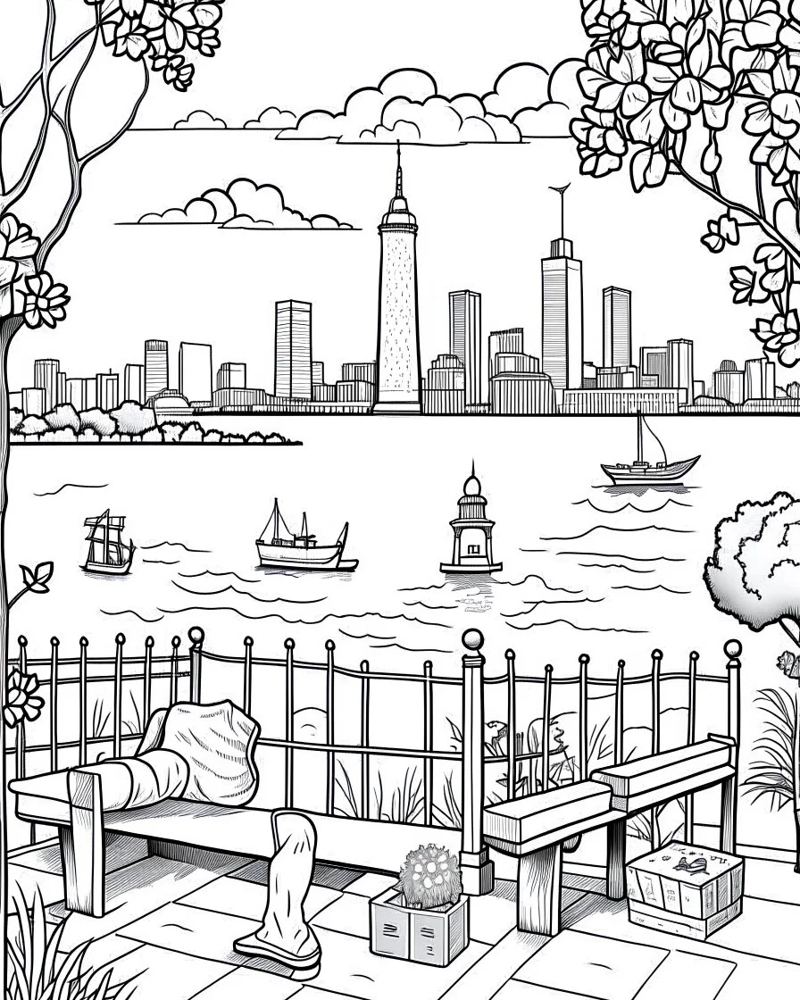 Create a serene black and white coloring page showcasing the peaceful waterfront of Battery Park, offering a picturesque view of the harbor and the distant Statue of Liberty. Remove the black background to make it an enjoyable coloring experience for both kids and adults.