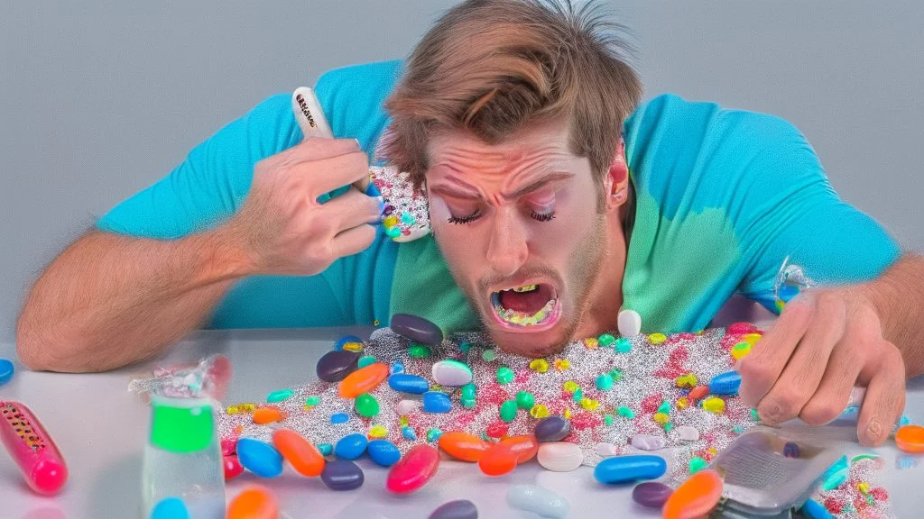 guy frantically eating a lot of pills while on the phone