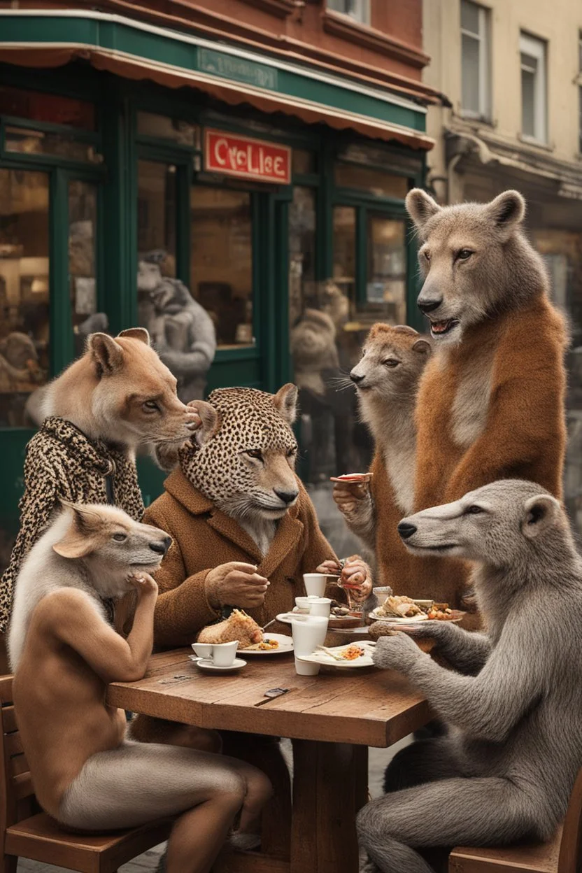 Wild animals dressed as humans eating at tables in a cafe street scene