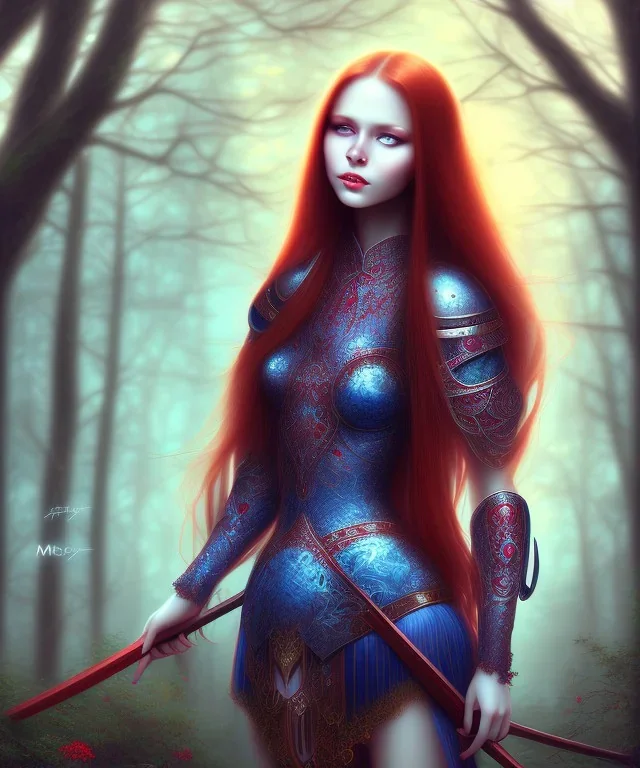 beautiful girl, red long hair, corsage, smile, blue eyes, sehr große oberweite, kriegerin im wald, abend, fantasy art