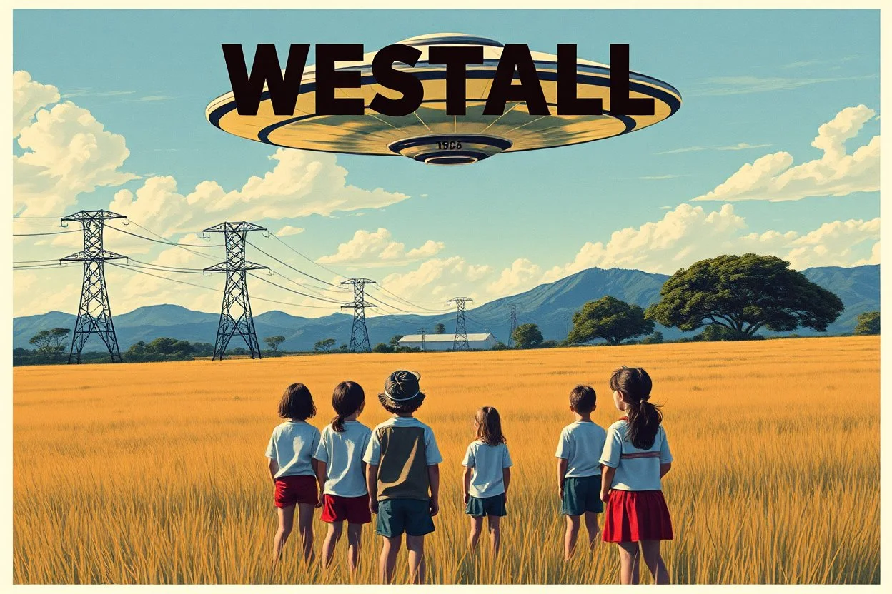 bumper sticker design, stange large flat ufo, in bold heading text "WESTALL 1966", lots of school children looking up in a field, high voltage powerlines and gumtree's in distance, mysterious summer vibe, bold, story book style