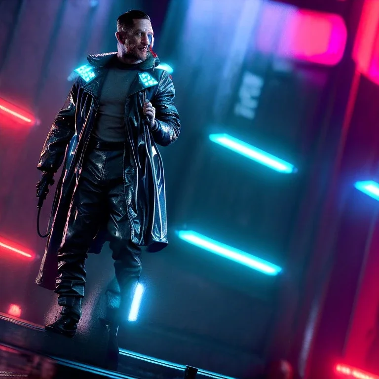 Actor, tom hardy, replicant man, blade runner style, rain, fog, neon ambient, gradient color, clean skin, circuits, latex coat, cyber punk, neon, tubes, portrait, studio photo, unreal engine 5, smooth color, 16 bit, god lights, ray tracing, RTX, lumen lighting, ultra deatail, volumetric lighting, 3d, finely drawn, hd.