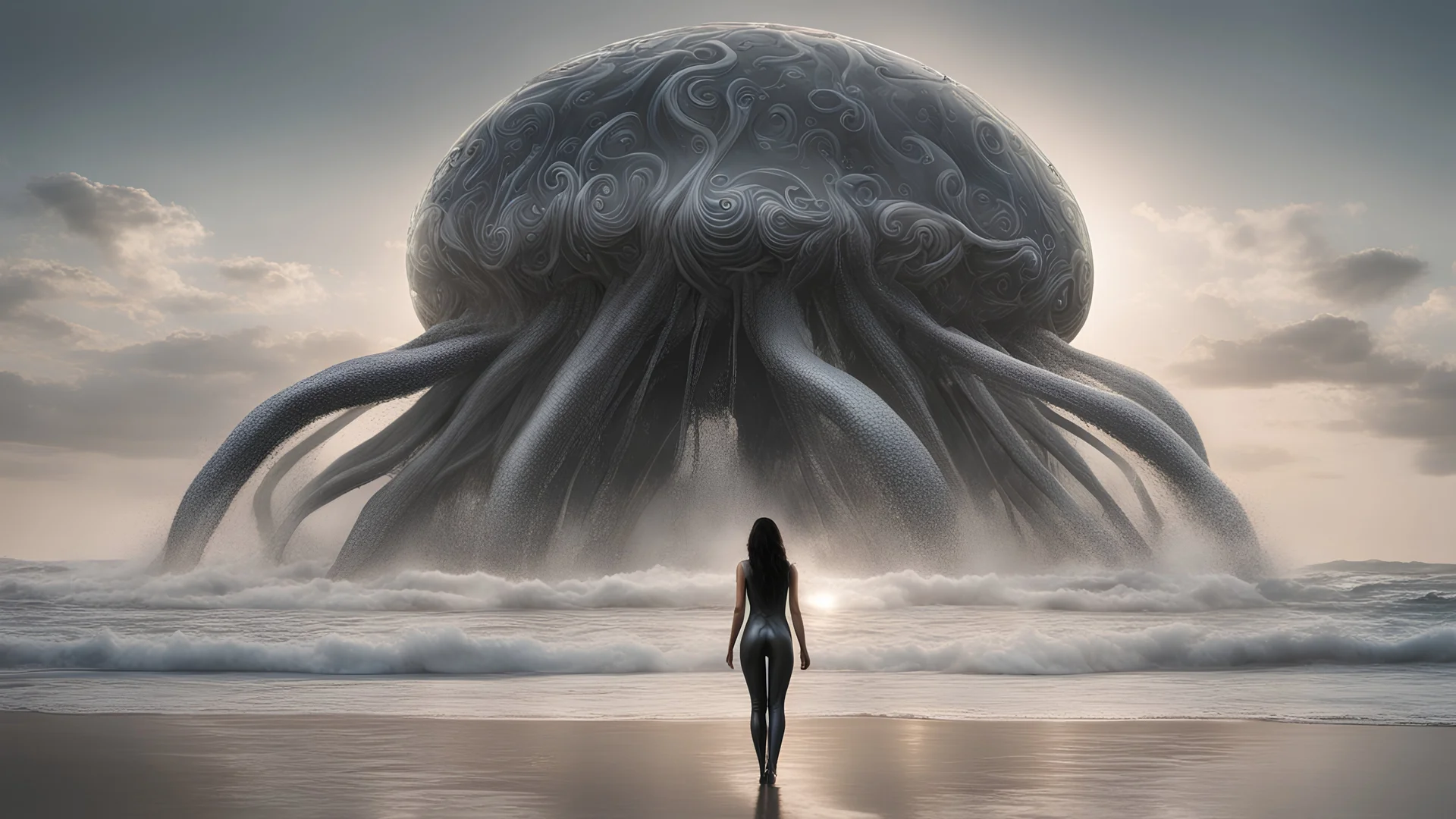 Wide-angle shot of a woman, standing to one side on a beach with huge waves, with dark hair in a silver robotic catsuit, many gigantic flying jellyfish with tentacles floating above her, masterpiece, best quality, super detailed