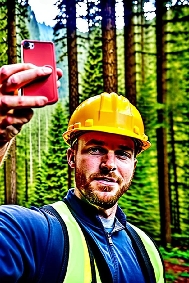 Red vested TF2 engineer with yellow hardhat taking a selfie at the forest