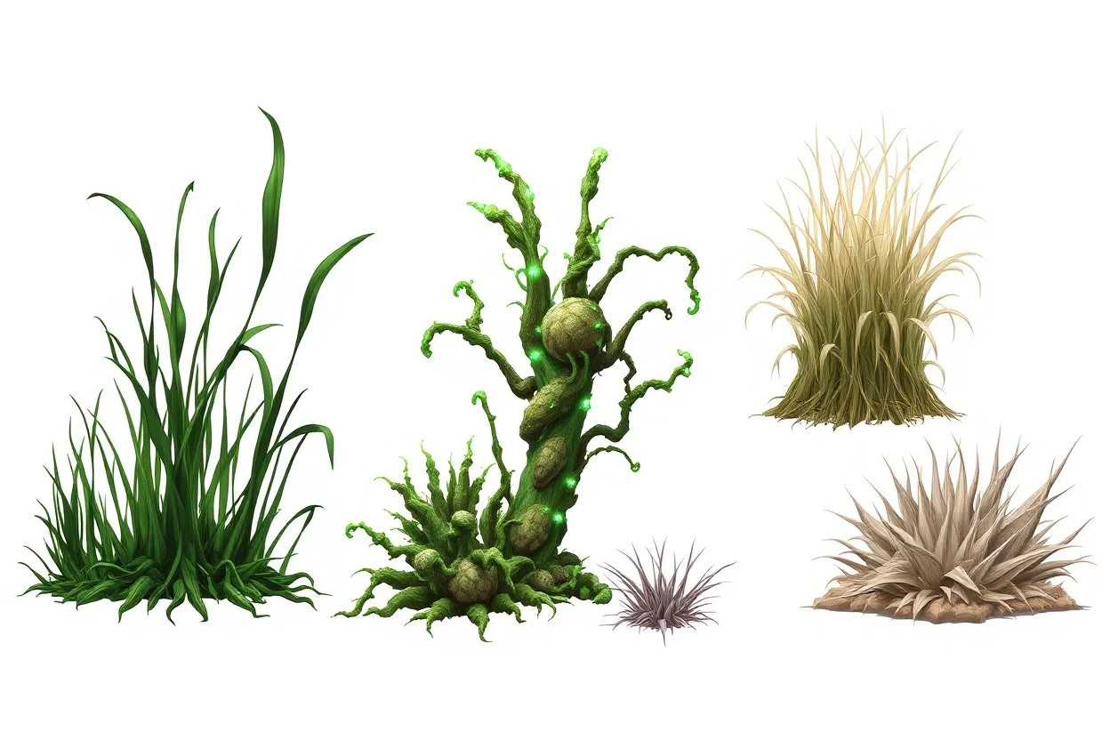 "Isolated concept art of multiple types of alien grass on a plain neutral background. Designed for different biomes: Forest biome – lush, dense, tall grass with strange broad blades, glowing tips, and twisted leaves. Swamp biome – slimy, wet, moss-like grass with tangled roots, bioluminescent details, and spongy textures. Desert biome – dry, spiky, brittle grass with sharp edges, thorn-like blades, and pale dusty colors. Each grass type should have a unique silhouette and texture.