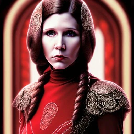 pltn style, beautiful carrie fisher, red, jeweled veil, tall, slender, long hair, smooth, flawless skin, deep, mysterious eyes, red gown, intricate beading, sparkling jewels, diamonds, rubies, regal, dignified, graceful, fluid, ethereal quality, light steps, roses, jasmine scent, shimmering light, spirit, hope, joy, mortal, extraordinary beauty, charm, mystery, legend, fascination, cute big circular reflective eyes, Pixar render, unreal engine cinematic smooth, intricate detail