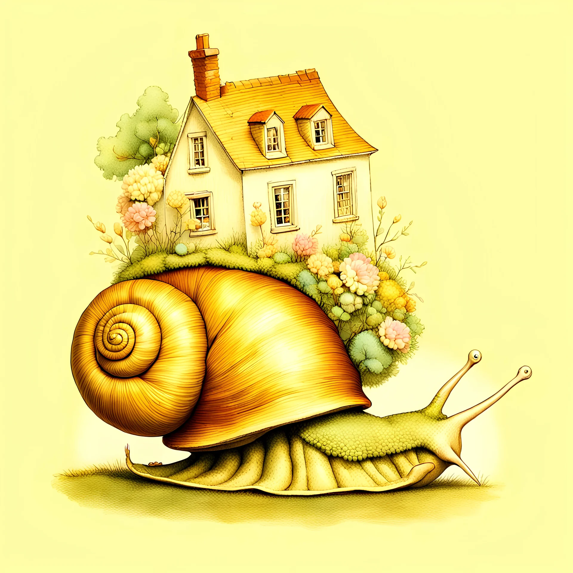 Snail with a fanciful house on its back, anatomically correct, flawless, full body shot by Beatrix Potter, by Eric Kincaid, by Daniel Merriam