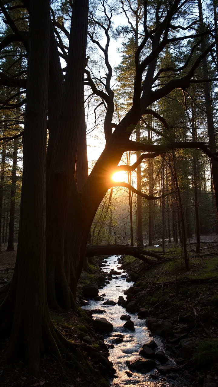 A wood with a huge trees , river stream in the middle , behind the tree dim light of the sunset,