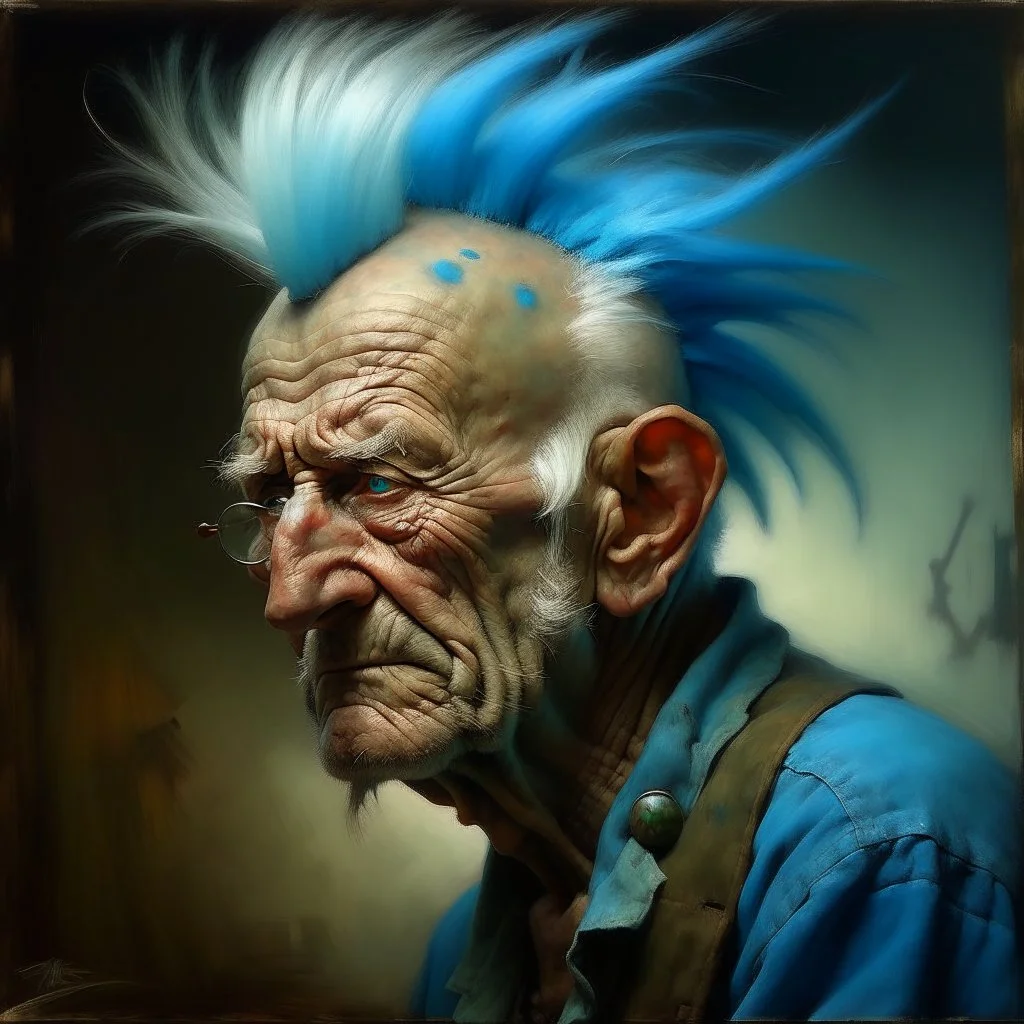 a detailed portrait of old man with a extravagant blue mohawk, the old man is always doing somehing different, Variations like fixing his truck, visiting his wife at the cemetary, going to punk rock shows, etc by edouard bisson, punk rock, oil painting, muted colors, soft lighting