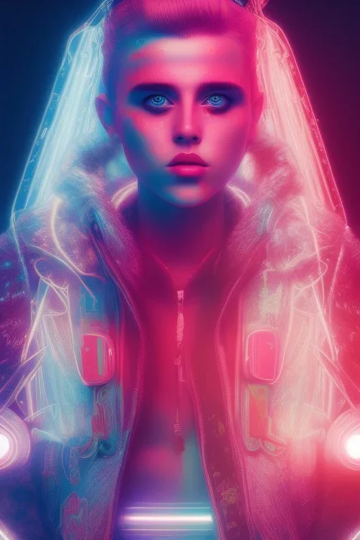 danish singer mø face, cyberpunk, neon tones,