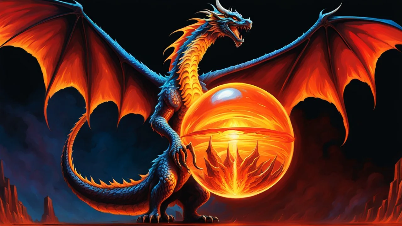 magic orb dripping with dragon fire. huge cloned wings. perfect claws. fantasy setting. concept art, intricately detailed, color depth, dramatic, colorful background. painted by Jeff Easley