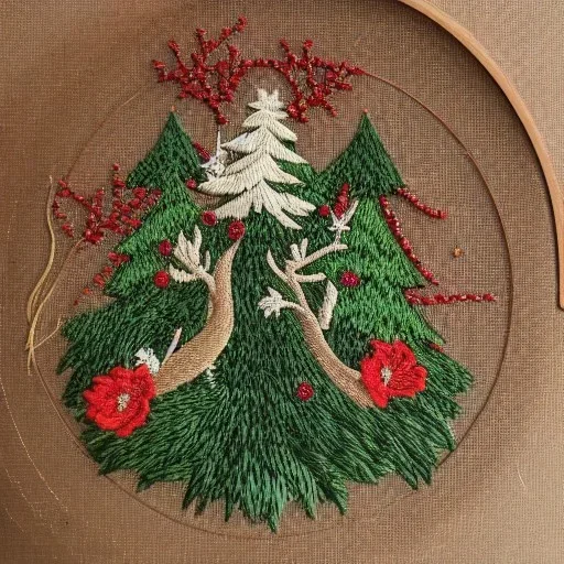 exquisite whimsical christmas forest in embroidery hoop, intricate, highly detailed, linen and wood backdrop