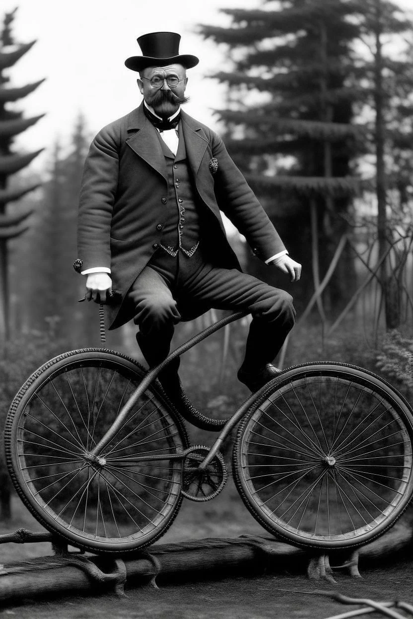 President Theodore Roosevelt pictured on a unicycle made from dead and rotting limbs