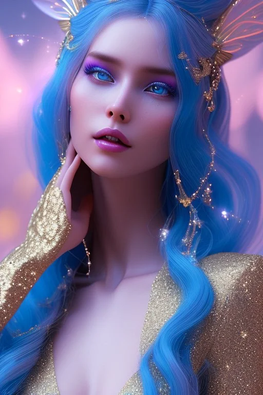 woman glitter blue fairy in a galactic ambiance, long blue hair, detailed gorgeous smile, delicate colors in the foreground, full of details, smooth, light effect，vaporwave colorful, smooth, extremely sharp detail, finely tuned detail, ultra high definition, 8 k, unreal engine 5, ultra sharpBeautyful smiling young woman, long hair amazing blue eyes, flowers, happy cosmic, bright colors, blue, pink, gold, jewels, realistic, photo real, clear sunny background, highly detailed, high contrast, 8k 