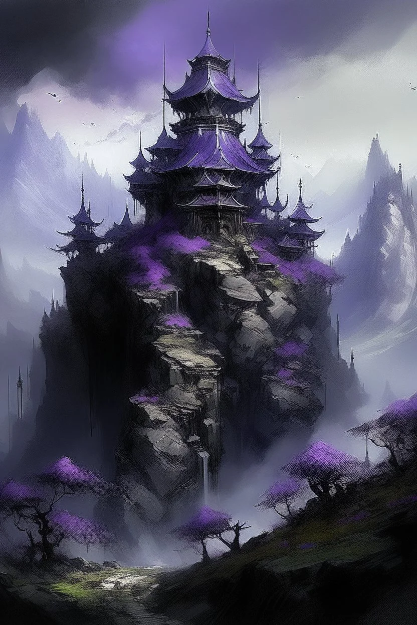 A blackish purple cathedral on a mountain painted by Zhang Lu