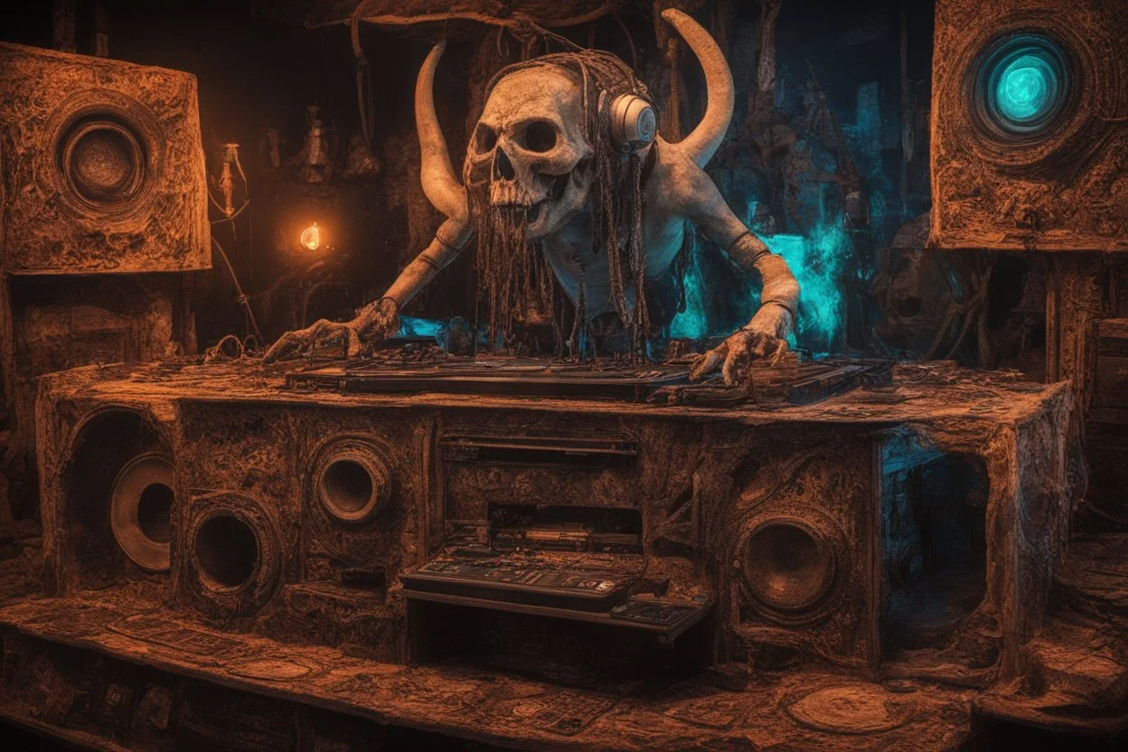 DJ of the damnded, insanely detailed DJ booth in hell, MID set, speakers and equipment made of bone, anatomically correct,