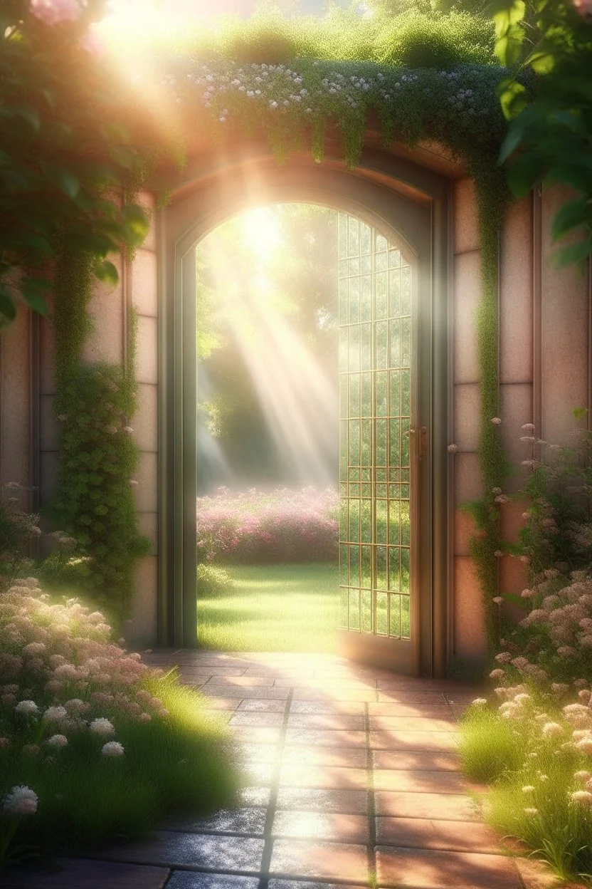 An open door to a beautiful summer garden, ,complex, amazing, magical gentle, sparkling dew drops, dawn, magically, in pastel transparent tones, hyperrealistic, beautiful, lumen, professional photo, 3d, 64k, high resolution, hyperdetalization, hyperrealism, f16,1/300s, highly detailed digital painting, bright, juicy, photorealistic painting, solar illumination in the background, bright lighting, aesthetically pleasing, beautiful, clarity of contours