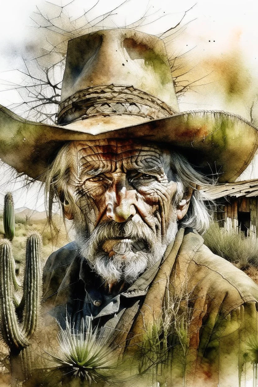 The old Cowboy of the Desert, double exposure cowboy face formed by a old weatheredmud hut with cactus and tumbleweeds around it, watercolor by Jean-Baptiste Monge and Yossi Kotler, Modifiers: sharp focus extremely detailed intricate oil on canvas portrait hyperrealistic high definition crisp quality