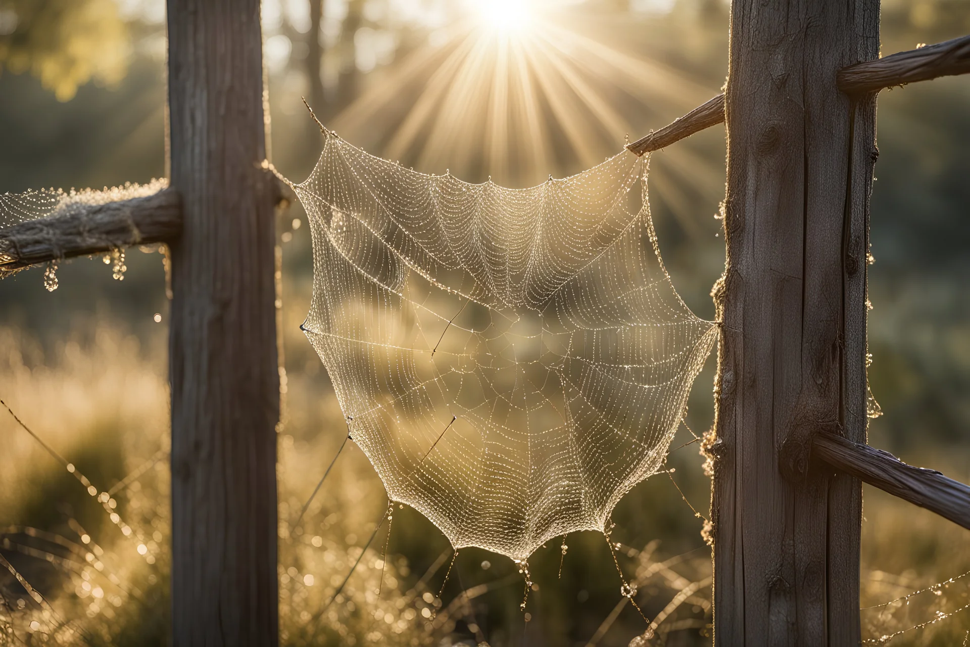 Photorealistic, dramatic spiderweb moist with dew between two posts of a rustic New England wooden fence, photorealistic nature image, soft morning light, sun glare in background, heavy glistening dew, 8k res, ambient shadows, warm color palette, perfectly timed shot, crystal clear, by Ansel Adams and Robert Havel Jr., stunning, cinematic, smooth