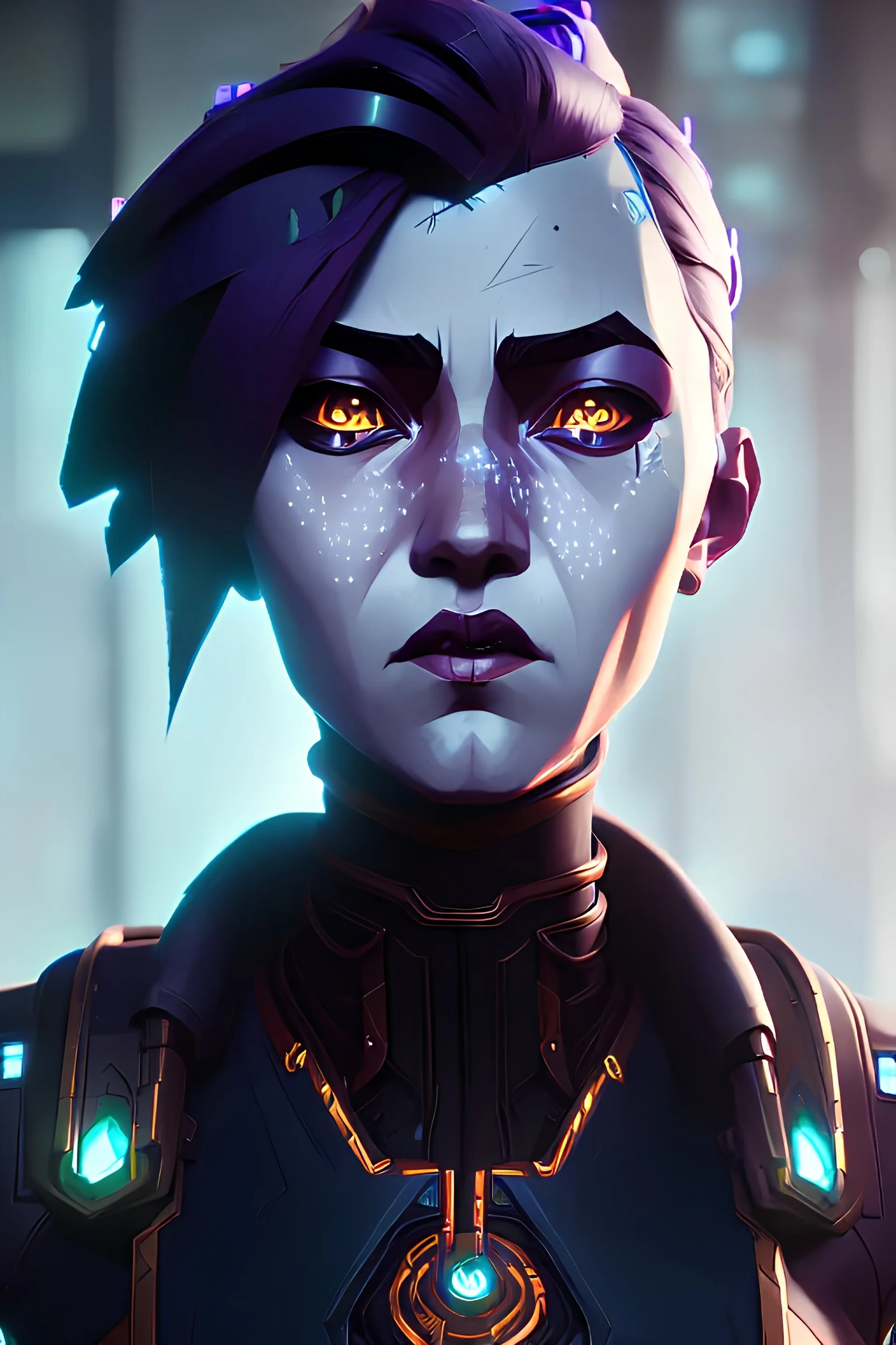 portrait,beautiful robot, post-apocalyptic in a cyberpunk city, realistic, intriacte detail, sci-fi fantasy style, volumetric lighting, particales,highly detailed,cinamatic, deep colours,8k