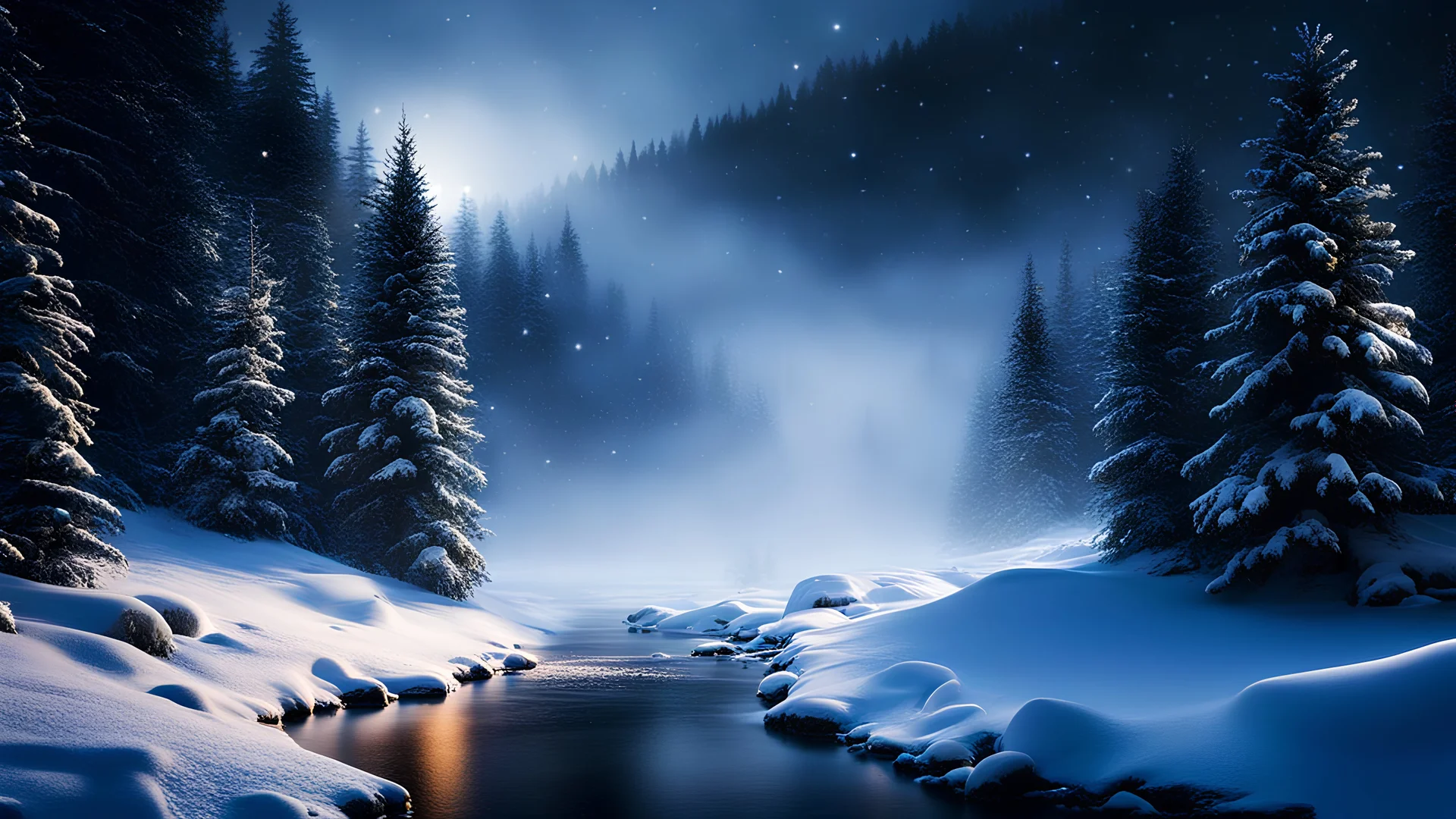 fir forrest scenery, heavy mist,valley,creek,forest,christmas ,tree,,nature,night,snow,fir tree,high-quality photograph,zeiss prime lens, bokeh , high detail, smooth render, unreal engine 5, dust effect, vivid colors,night