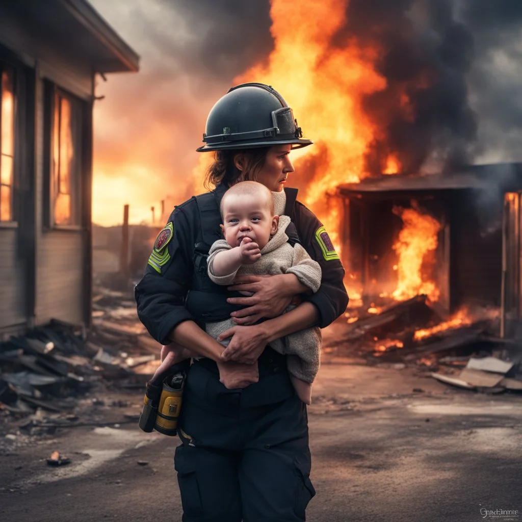 Hyper Realistic Photographic-Close-view of a firefighter-mother with her uniform carrying-protectively-her-crying-baby outside her burning-home with cloudy-sunset-behind showing dramatic & cinematic ambiance