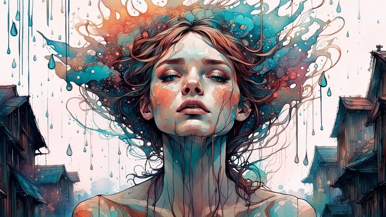 Raindrops on the roof, Pitter-patter lullaby, Cleansing for the soul| dynamic pose |centered| key visual| intricate| highly detailed| breathtaking beauty| precise lineart| vibrant| comprehensive cinematic| Carne Griffiths| Conrad Roset| Anna Dittmann| overcast