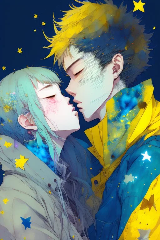 portrait anime man kissing man, ,yellow, stars hearts water, blue, watercolor, Yoshikata Amano, Edwin Landseer, Ismail Inceoglu, Russ Mills, Victo Ngai, Bella Kotak, hyperdetailed 8K resolution HDR DSLR, ultra detailed, ultra quality, CGSociety, intricately detailed, color depth, gliter, kiss