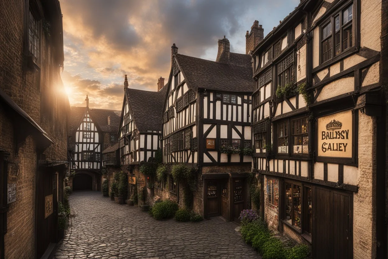 Old English Tudor Alley with shops, signs, bridges, and balconies, sunset, clouds, warped and grubby