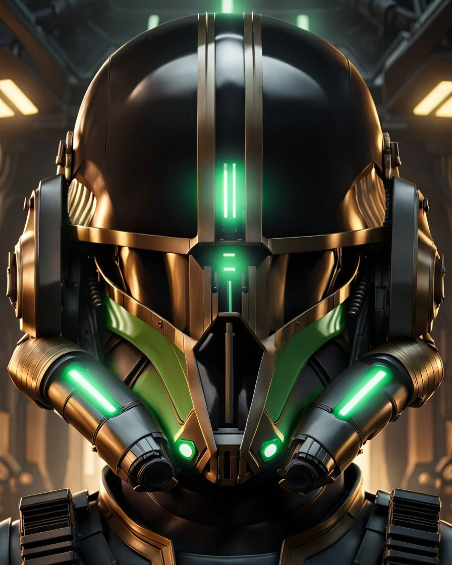 star wars bald male corellian pilot wearing black and bright gasoline green First Order special forces TIE pilot commando armored flightsuit and helmet with gold trim inside the jedi temple, centered head and shoulders portrait, hyperdetailed, dynamic lighting, hyperdetailed background, 8k resolution, volumetric lighting, light skin, fully symmetric details