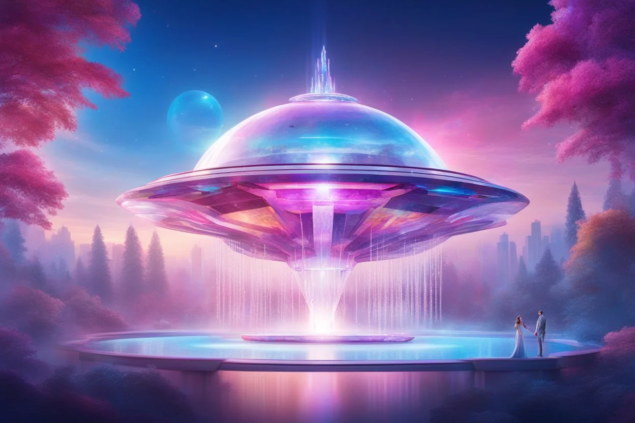 a cosmic beautiful SPACESHIP made of crystals and light is flyng up above a cosmic futuristic house. the landscape is a magic coloured nature with a central fountain with a magic bright crystal