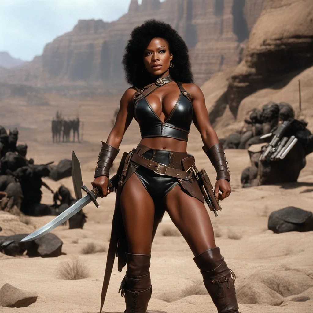 [high res photo of a movie by Ray Harryhausen] confident Tiana Rogers in a revealing leather outfit As A Wasteland Warrior, she has incredible weapons