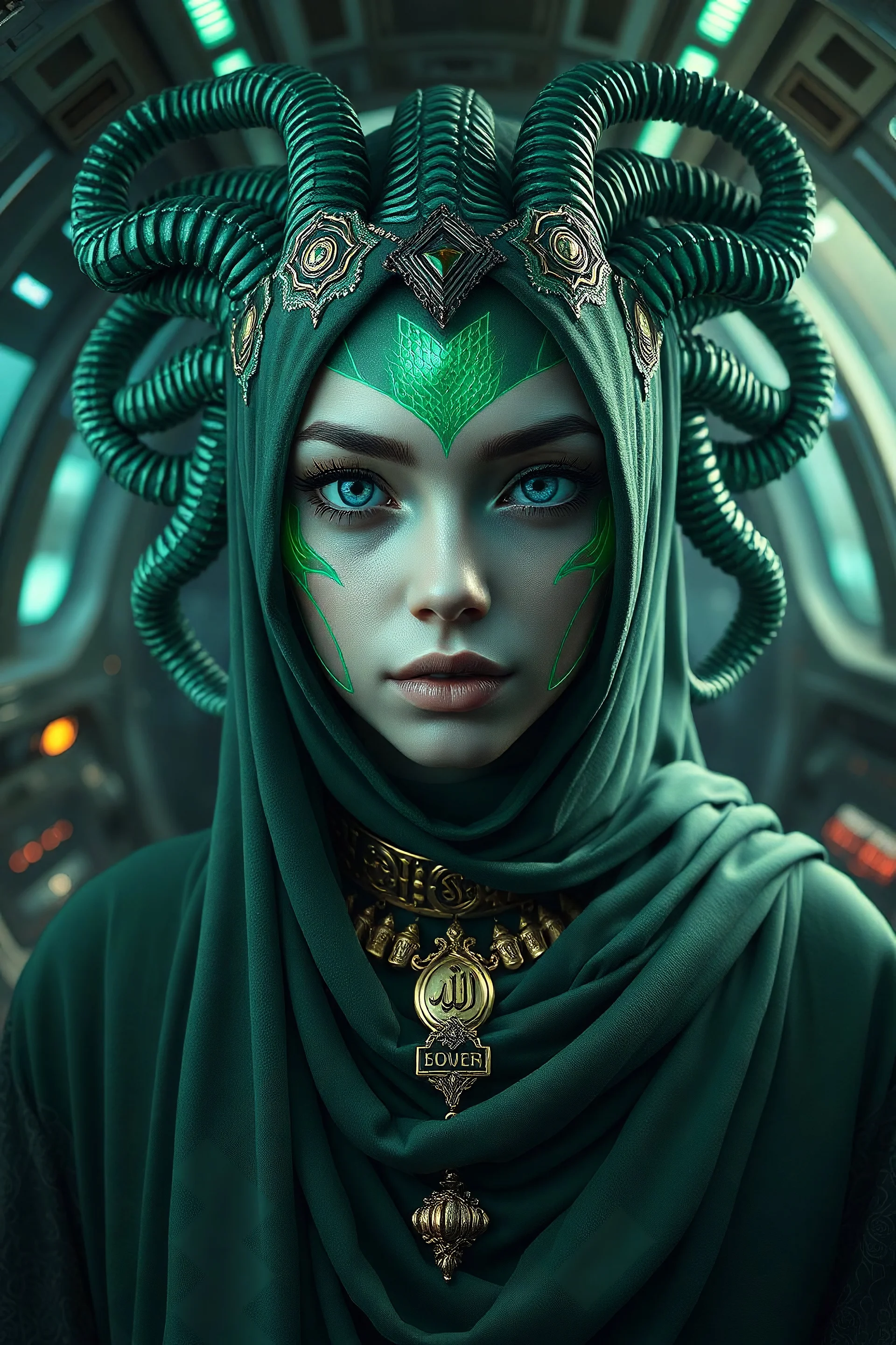 mdjrny-v4 style Medusa, greek mythology, young female face, green aesthetic, young female face, golden ratio, symmetric, elegant, ornate, luxury, matte painting, ultra realistic, concept art, intricate details, highly detailed, photorealistic, octane render, 8k, unreal engine, sharp focus, volumetric lighting unreal engine. art by artgerm and greg rutkowski and Alphonse Mucha and Vraska GolgariHijabi cute girl with cyberpunk prosthetics, with QURAN, in islamic dress, long hair, Spaceship inside,